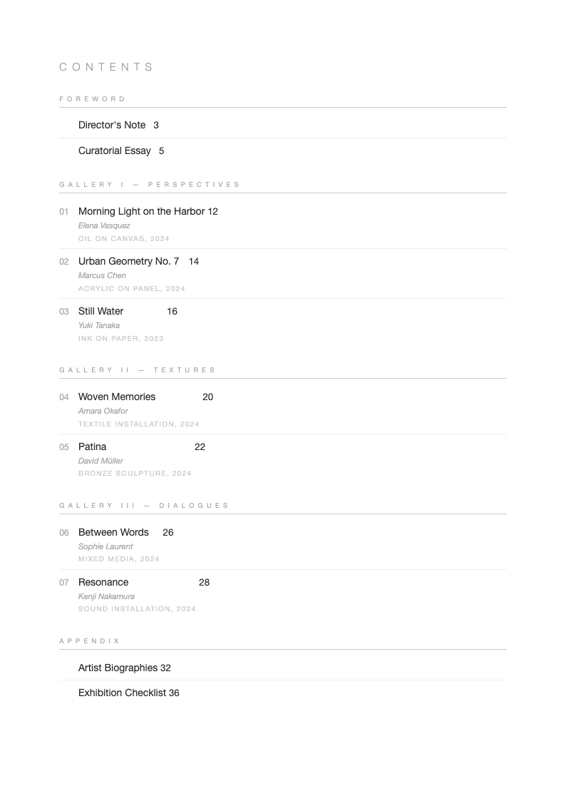 Gallery catalog table of contents